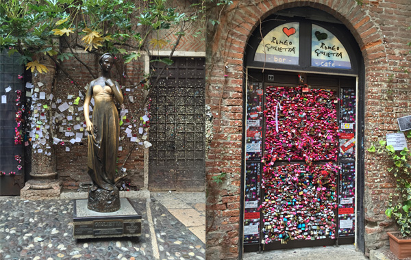 位於Verona茱麗葉的家充滿了愛的留言，每位遊客也爭相摸她，希望增加愛情運。