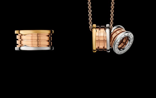 B.zero1 pink, white and yellow gold 4-band ring (HK$16,200） B.zero1 pink, white and yellow gold pendant (HK$22,300) B.zero1 pink and white gold pendant (HK$22,300) 