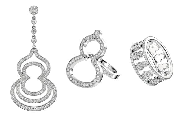 (From left to right) Wulu 18K white gold earring with diamonds (HK$ 65,800), Large open Wulu ring in 18K white gold with diamonds (HK$ 62,800), Wulu ring in 18K white gold with diamonds (HK$ 68,800) 